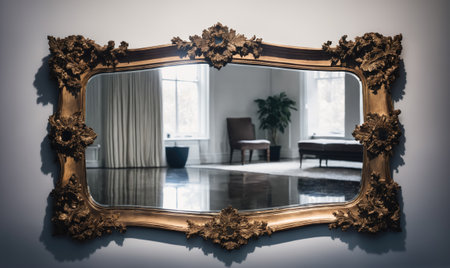 A large, ornate mirror hangs on a white wall, reflecting a room with a chair, plant, and windowの素材