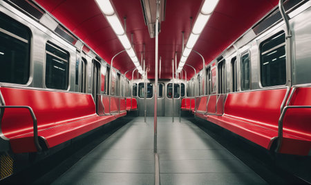 The empty interior of a subway car with red seats and a bright ceiling, waiting for ridersの素材
