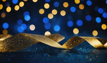 A golden ribbon with glitter sits on a dark blue surface with blurry blue and yellow lightsの素材