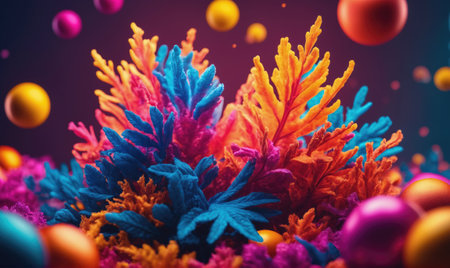 Colorful leaves and orbs float in a vibrant, abstract sceneの素材