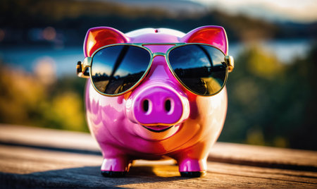 A pink piggy bank wearing sunglasses sits on a wooden table, enjoying the summer sunの素材