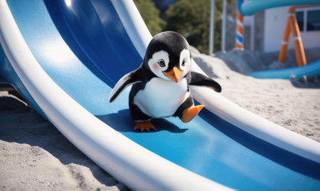 A penguin walks down a blue and white slide on a sunny dayの素材