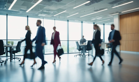 Business professionals walk through a modern office building during the dayの素材