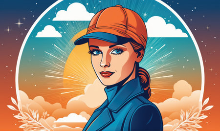 A woman with blue eyes and a confident smile looks towards the horizon, which is filled with sunshine and cloudsの素材