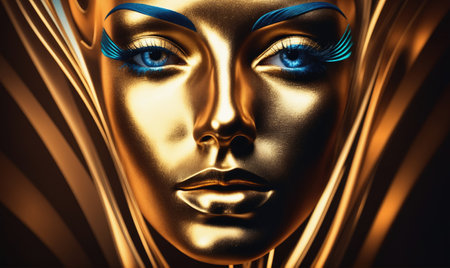 A close-up of a womans face, covered in gold paint, with blue eyeshadow and eyeliner, staring directly at the cameraの素材