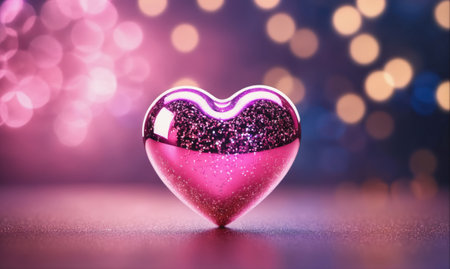 A pink heart-shaped ornament sits on a table with a blurred background of pink and purple lightsの素材