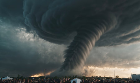A large tornado forms over a crowd of peopleの素材