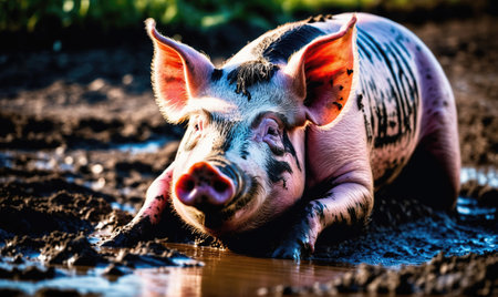 A muddy pig lies in a puddle on a sunny dayの素材