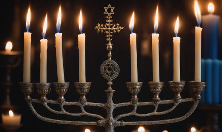A silver menorah with eight candles lit for Hanukkahの素材