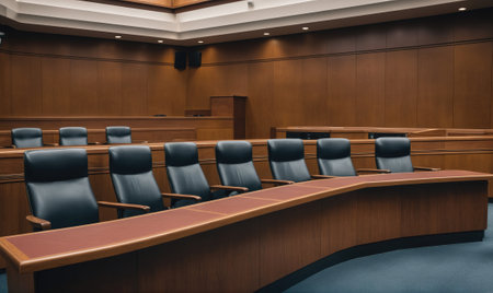 A courtroom is empty with wooden benches and chairs arranged in rowsの素材
