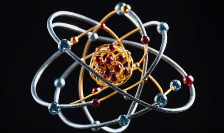 A close-up of a model atom with silver and gold wires and red and blue beads on a black backgroundの素材