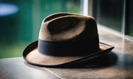 A brown fedora with a black band sits on a table near a windowの素材