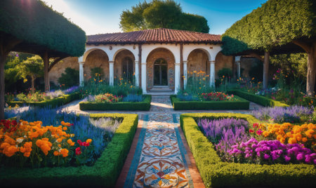 A colorful flower garden with a tiled pathway leads to a grand house on a sunny dayの素材
