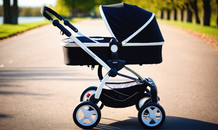 A black and white stroller is parked on a paved road in a parkの素材