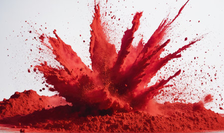 Red powder explodes against a white background, creating a vibrant, abstract splash of colorの素材