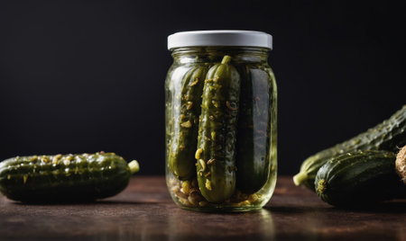 A jar of dill pickles sits on a wooden table, surrounded by a few whole picklesの素材