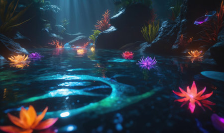 Colorful lotus flowers float on the surface of a dark blue pond surrounded by lush greeneryの素材