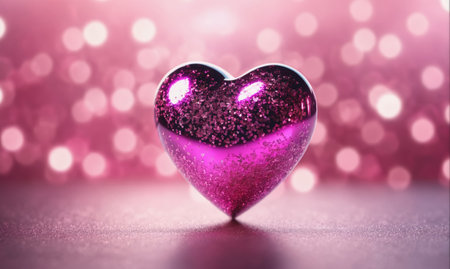 A pink heart-shaped ornament sits on a sparkling surface against a backdrop of pink bokehの素材
