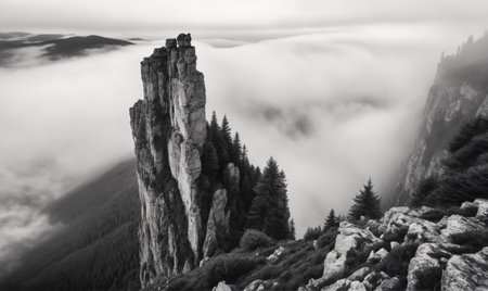 A tall, jagged rock formation rises above the clouds on a misty morning in the Carpathian Mountainsの素材