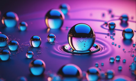 A large, reflective water droplet sits on a purple surface, surrounded by smaller dropletsの素材