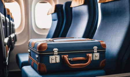 A blue suitcase sits on an airplane seatの素材