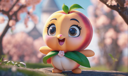A peach character smiles and waves in a whimsical outdoor settingの素材