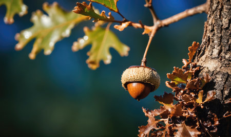 A single acorn hangs from an oak tree branch with brown leavesの素材