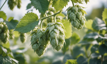Fresh hops growing on a vine in a field during the summerの素材