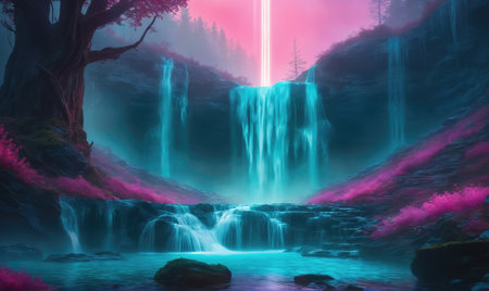 A vibrant waterfall cascades down a rock face, with a pink and blue glow illuminating the forestの素材