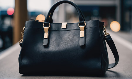 A black leather handbag with gold accents rests on a sidewalk in an urban environmentの素材