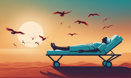 A person lies on a stretcher, looking up at the setting sun as birds fly overheadの素材