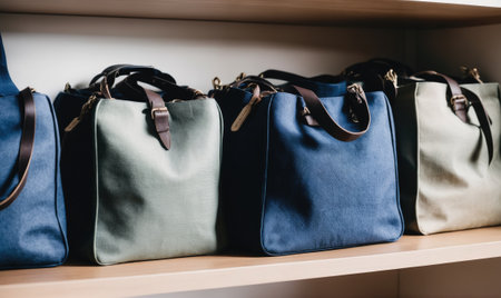 Several canvas bags are lined up on a shelf, ready for useの素材