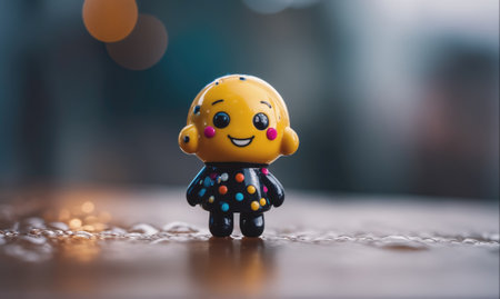 A small, yellow toy stands on a wet table with blurry lights in the backgroundの素材