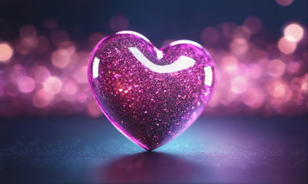 A pink, glittery heart sits on a table with a pink, blurry backgroundの素材