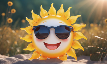 A smiling sun wearing sunglasses sits in the sand on a sunny dayの素材