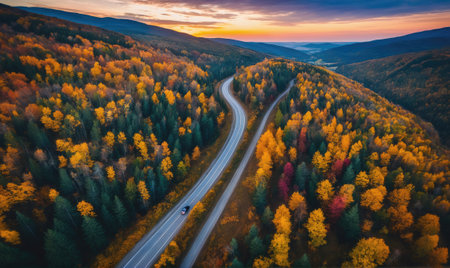 A car drives along a winding road through a forest of vibrant fall foliage at sunsetの素材