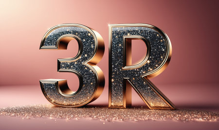 The letters 3R are rendered in gold and covered with glittery materialの素材