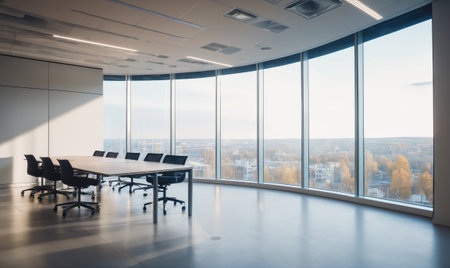 A conference room with a large window overlooking a cityの素材
