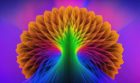 A vibrant, rainbow-colored abstract design created with leaves, illuminated against a purple backgroundの素材