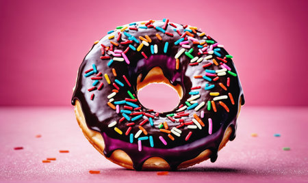 A chocolate frosted donut with colorful sprinkles sits on a pink surfaceの素材