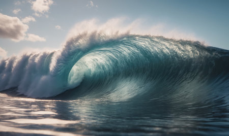 A large wave crashes in the ocean on a sunny dayの素材