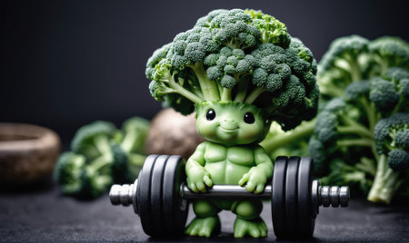 A broccoli creature is lifting weights, showing the power of healthy eatingの素材