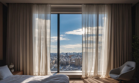 A bedroom with large windows overlooking a city skyline, with sheer curtains open and letting in sunlightの素材