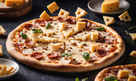 A pepperoni pizza with melted cheese and basil, with additional cheese pieces scattered around itの素材