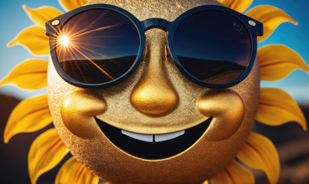 A golden sunflower with sunglasses smiles brightly under a blue skyの素材