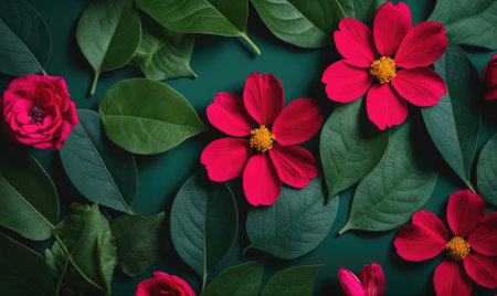 Red flowers and green leaves on a dark green backgroundの素材