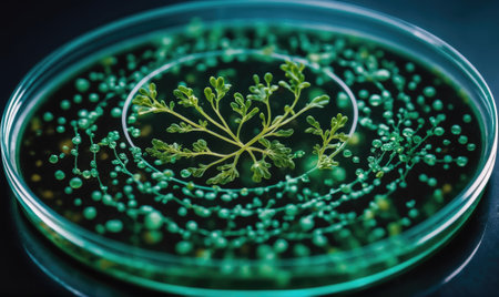 A small plant sits in the center of a petri dish filled with a green liquidの素材