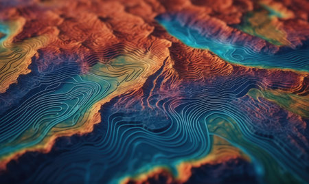 A close-up of a topographical map showing colorful contour lines, highlighting the rugged terrainの素材