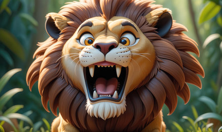 A cartoon lion roars in a jungle settingの素材