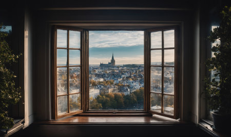 A view of a city from a window, with a church spire in the distanceの素材